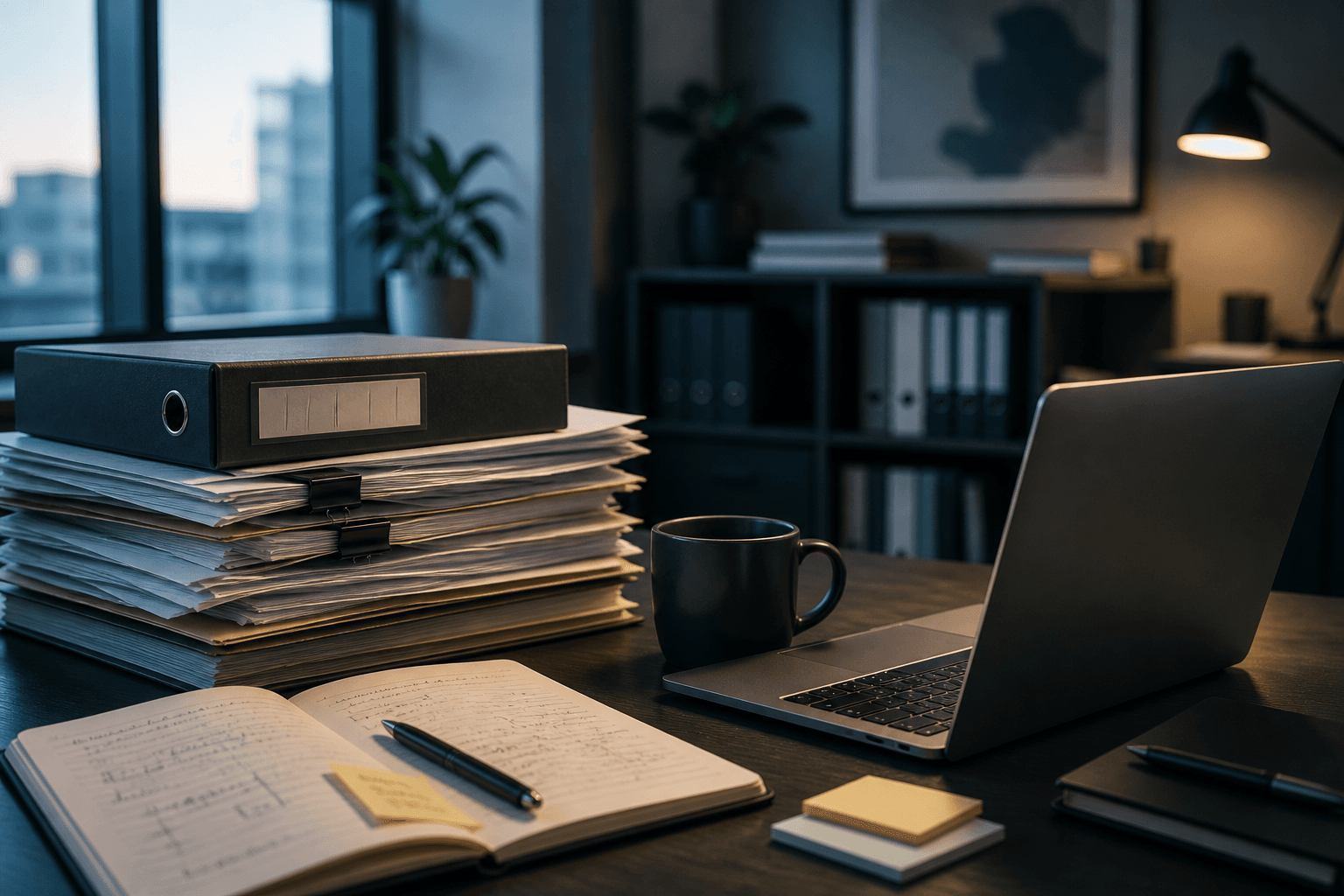 Office desk at dusk with laptop, binders, and notes—the kind of operational detail that lives in files, habits, and systems until someone asks where it went.